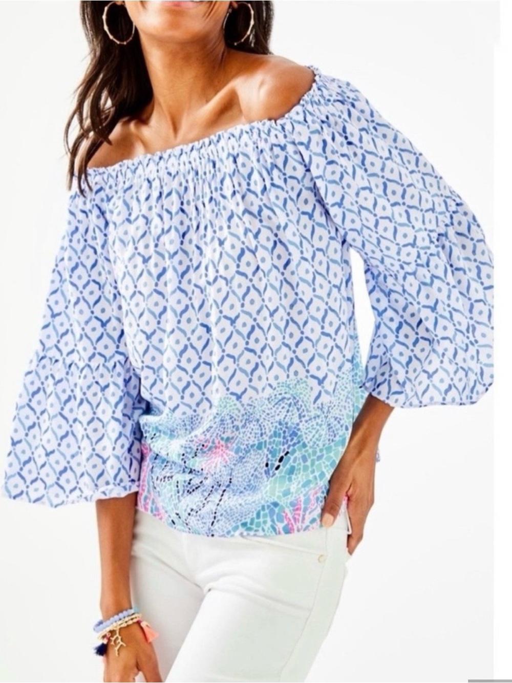Lilly Pulitzer Light Blue Off-Shoulder Printed Blouse